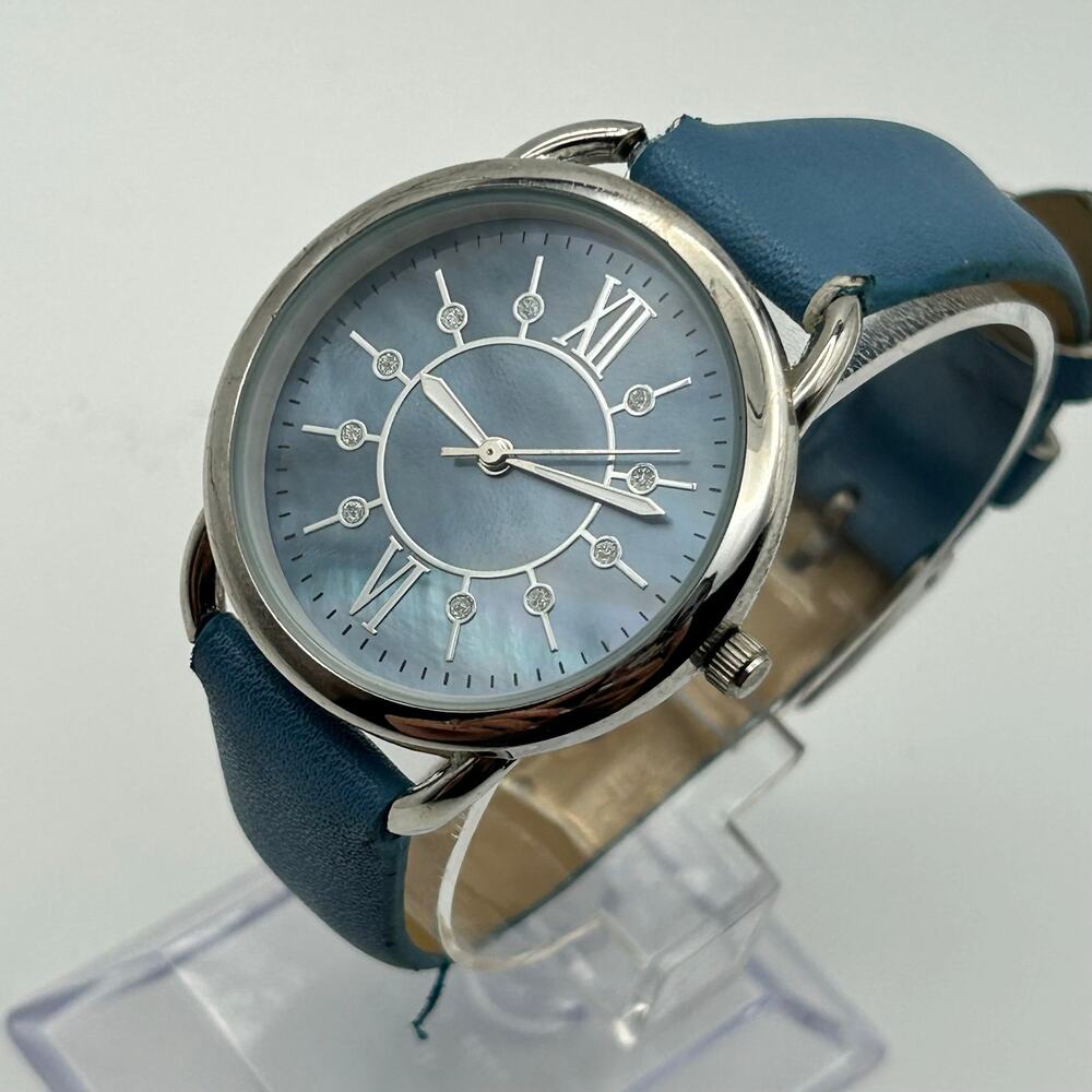 Accutime Blue Mother Pearl Dial Blue Faux Leather Watch Working New Battery